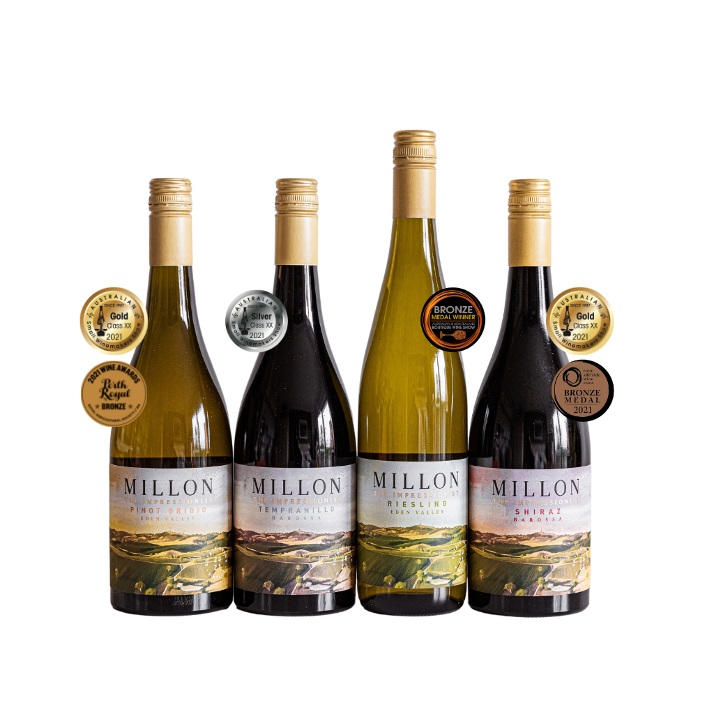 Four wines; pinot grigio, tempranillo, riesling, shiraz, with their respective awards