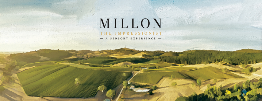 Painting of vineyard with text 'Millon The Impressionist A Sensory Experience'